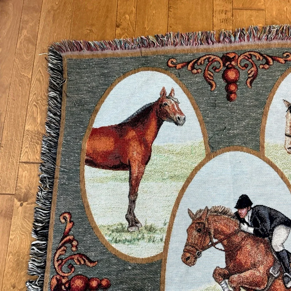 Vintage Run for the Roses Equestrian Tapestry Throw Horse Blanket USA 56x73